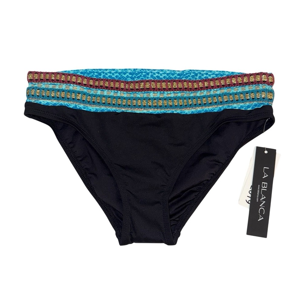 LA BLANCA Bikini Bottom Womens Size 4 Black Blue Hipster NEW $63